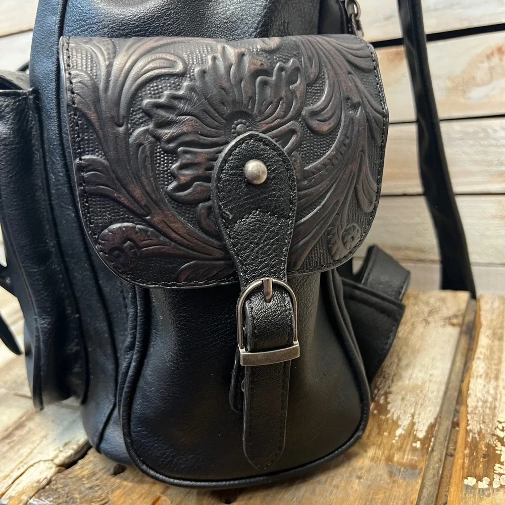Wrangler Genuine Cowhide Tooled Floral Backpack Black Western Cowgirl Book Bag